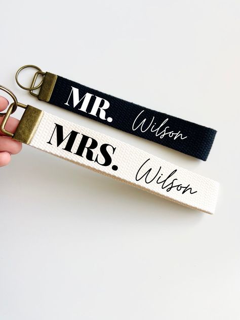 Mr and Mrs Custom Last Name Keychain, Bride and Groom Personalized Gift, Future Mrs Key Fob Wristlet Strap, Married Personalised Key Chain - Etsy Bride Keychain Ideas, Sublimation Business, Key Fob Wristlet, Name Keychain, Keychain Ideas, Key Fobs Wristlet, Country Gifts, Heat Press Vinyl, Htv Vinyl