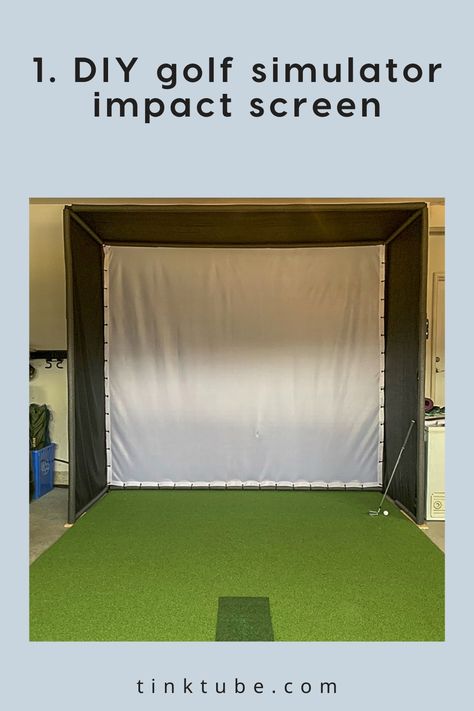 The good news is that a golf simulator impact screen can do the trick and help you get better at your favorite sport. If you want to avoid going to the practice facility and are lucky enough to have enough space at home or in your garage, here are some great ways to build your own simulator screen! Diy Home Golf Simulator, Golf Simulator Garage Diy, Diy Golf Simulator Enclosure, Garage Golf Simulator Diy, Golf Garage Ideas, Golf Simulator Room Design, Garage Golf Simulator, Golf Screen, Golf Garage