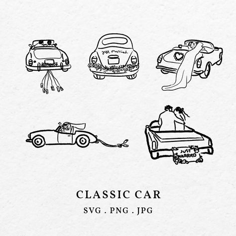 Wedding Car Illustration, Vintage Wedding Illustration, Married Illustration, Wedding Doodles, Bride And Groom Illustration, Bride Illustration, Wedding Sketch, Car Outline, Bride Groom Dancing