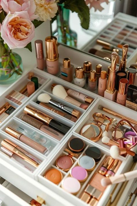 Compact Beauty: Makeup Storage Ideas for Small Spaces Makeup Storage Ideas, Makeup Storage Solutions, Storage Ideas For Small Spaces, Palette Organizer, Space Makeup, Lipstick Organizer, Drawer Inserts, Drawer Space, Cute Bedroom Ideas