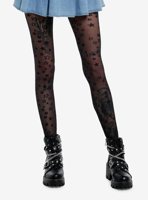 Channel that star power into your look with these black tights! Featuring a star toss and seam detailing on the back. Emo Tights, Goth Staples, Star Leg Warmers, Nyx Aesthetic, Goth Tights, Gothic Tights, Mcu Shifting, Fish Net Tights, Christmas Tights