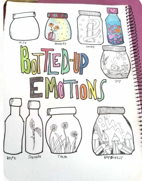 Bottling Up Emotions Art, Art Therapy Projects For Anger, Emotion Doodles Feelings, Expressive Therapy Activities, Dbt Activities Art Therapy, Bottled Up Emotions Art, Jar Of Feelings, Therapy Drawing Ideas, Emotion Doodles