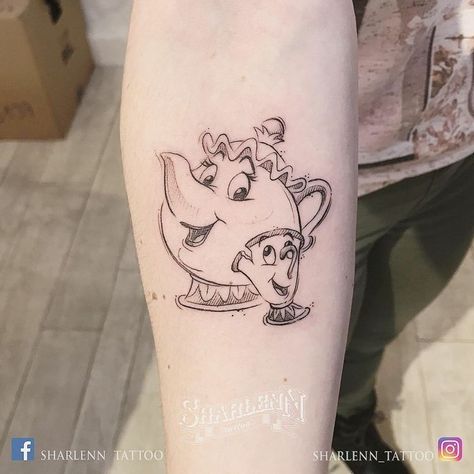 Disney Tattoos Black And White, Disney Tattoos Unique, Tiny Disney Tattoo, Disney Tattoos Quotes, Cute Disney Tattoos, Chip Tattoo, Teapot Tattoo, Dino Tattoo, Belle Tattoo