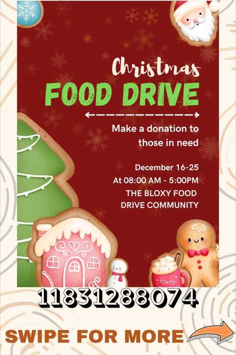 This was a request from @shayleeshelly (cant tag rn for some reason) have fun rping in roblox with this food drive decal! you can use it to help those in need!!! This is for RP purposes so please do not get mad at others who host food drives in a game ): #roblox #bloxburg #decals #bloxburgdecals #robloxdecals #bloxburgfooddrive #bloxburgfoodrive #bloxburgdonation #bloxburgdonate Bloxburg Dunkin Donuts Decal Codes, Bloxburg Christmas Bedroom, Roblox Bloxburg Decals, Bloxburg Village, Bedroom 4x4, Cafe Decals, Bloxburg Ids, Roblox Room, Bloxburg Food