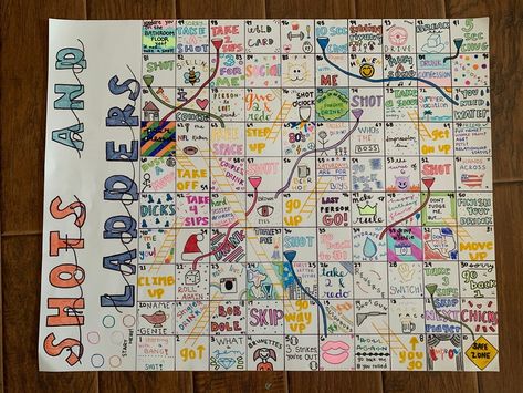 Poster Board Party Game, Shots And Ladders Game, Game Night Board Games For Adults, Homemade Drinking Games, Diy Bored Games, Shots And Ladders, Diy Board Games For Adults, Homemade Board Games For Kids, Homemade Board Game Ideas