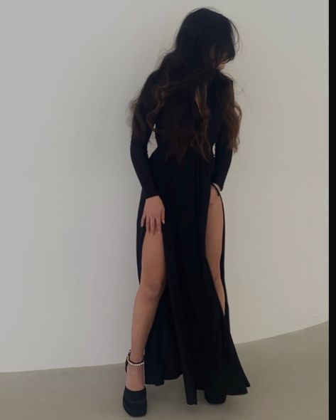 Long Black Dress With Heels, Prom Dress With Platform Heels, Long Dress With Platform Heels, Heels To Wear With Long Dress, Dresses With Two Slits, Versace Shoes Outfit, Versace Heels Outfit, Long Tight Black Dress, Long Maxi Dress Outfits