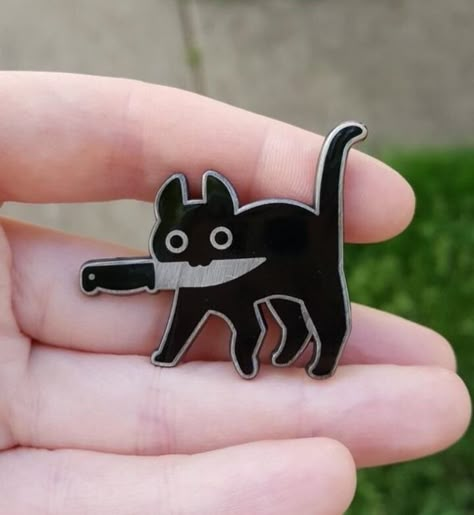 Knife Cat, Jacket Pins, White Pin, Patches And Pins, Pins And Patches, Cool Pins, Enamels, Cute Pins, Crazy Cat