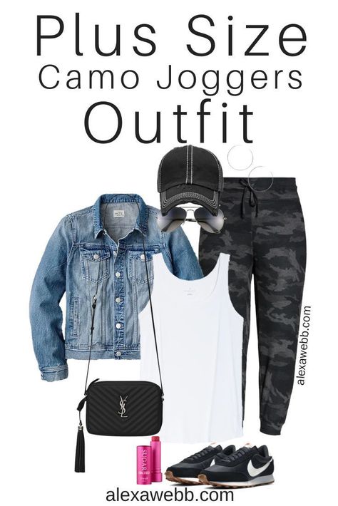 Plus Size Joggers Athleisure Outfit with Camo Joggers, Nike Retro Sneakers, Denim Jacket and Crossbody Bag - Alexa Webb Black Camo Joggers Outfit Women, Camo Joggers Outfit Women, Camo Joggers Outfit, Plus Size Joggers Outfit, Plus Size Sporty Outfits, Errands Outfit Spring, Momma Outfits, Athleisure Outfit Ideas, Errands Outfit Summer