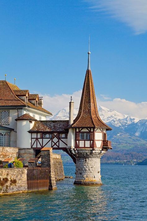 Oberhofen Castle at Lake Thunersee in swiss Alps, Switzerland stock photography Castle Switzerland, Medieval Village, Beautiful Castles, Beautiful Architecture, Beautiful Buildings, Pretty Places, Places Around The World, Amazing Architecture, Old House