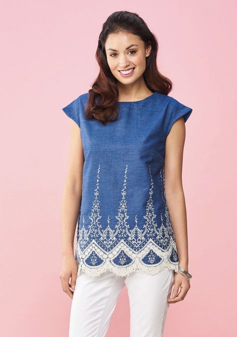 We're loving the lace trimmed chambray used for the Lori Top in the April issue of Sew! Riviera Style, Statement Outfit, Strapless Prom Dress, Flattering Tops, Top Sewing Pattern, Cap Sleeve Top, Bias Tape, Modest Wedding Dresses, Cream Lace