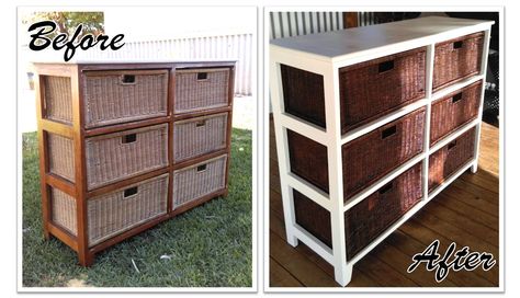 Wicker Basket Drawers, Restored Dresser, Painted Bedside Tables, Wicker Dresser, Redo Cabinets, Basket Drawers, Painted Side Tables, White Drawers, Wooden Nightstand