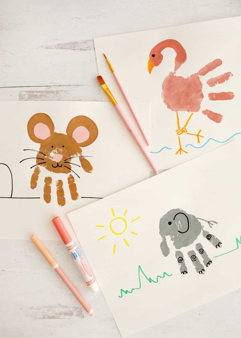 10 Handprint Animal Crafts That Kids Will Love! - Childhood Magic Handprint Animals, Hand Print Animals, Kids Food Crafts, Preschool Arts And Crafts, Handprint Crafts, Zoo Animal, Pink Paint, Easy Craft, Cute Easy Drawings