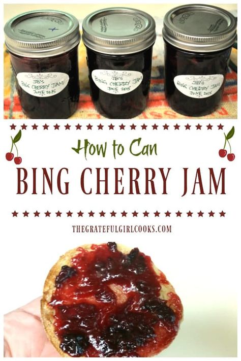 Bing Cherry Jam, enhanced with the addition of amaretto, is a delicious fruit spread for toast or biscuits! Recipe includes canning instructions. / The Grateful Girl Cooks! Bing Cherry Jam, Bing Cherry Recipes, Farmstand Recipes, Cherry Jelly Recipes, Canning Cherries, Sweet Cherry Recipes, Corn Cob Jelly, Cherry Jam Recipe, Jam Preserves