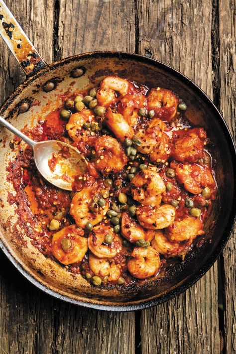 Toss these delicious spicy garlic shrimp with capers over linguini. Source the Calabrian hot crushed chilis at most Italian markets. Shrimp With Capers, Shrimp Marinara, Pasta Spicy, Spicy Garlic Shrimp, Garlic Shrimp Pasta, Green Papaya Salad, Shrimp Dinner, Papaya Salad, Spicy Shrimp