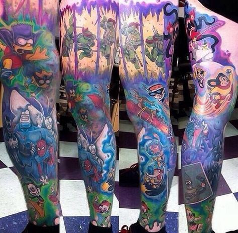 a sleeve that contains my childhood Cartoon Legs, Tatoo 3d, 90s Tattoos, Nerdy Tattoos, Nerd Tattoo, Comic Tattoo, Geek Tattoo, Theme Tattoo, Leg Sleeve Tattoo