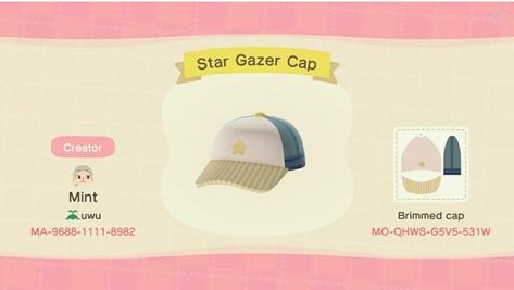 Star Gazer Cap~ Animal Crossing New Horizons Clothes #acnh #animalcrossingnewhorizons Acnh Designs, Animal Crossing Qr Codes Clothes, Cap Patterns, Hat Ideas, Animal Crossing Qr, Face Design, Cap Design, Custom Hats, Hat Pattern