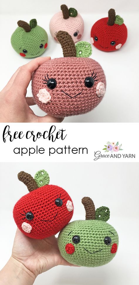 Quick and easy free crochet apple pattern! Crochet Apple Pattern, Knit Food, Crochet Teacher, Crocheting Amigurumi, Amigurumi Food, Shoulder Shawl, Crochet Apple, Crochet Pumpkins, Crocheted Animals