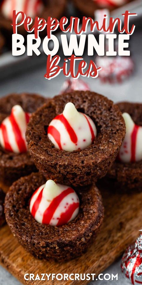 Peppermint Brownie Bites are like brownie blossom cookies - an easy one bowl brownie recipe topped with a Candy Cane Hershey's Kiss - a great Christmas recipe! Mini Brownie Bites Christmas, Christmas Brownie Bites, Christmas Brownie Recipes, Impressive Christmas Dessert, Peppermint Brownie Bites, Holiday Brownies, Peppermint Brownie, Mini Brownie Bites, Brownie Mix Cookies