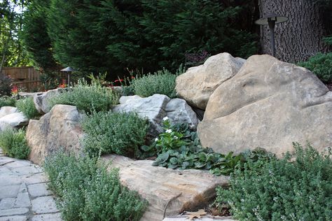 Pool 5  Boulder wall with lemon-scented thyme Boulder Garden, Mailbox Landscaping, River Rock Landscaping, Natural Landscaping, Backyard Garden Layout, Landscaping With Boulders, Garden Waterfall, Traditional Landscape, Landscaping Tips