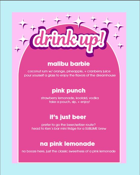 So much fun creating this cocktail and drink menu for our adult barbie party Barbie Drinks Party, Barbie Birthday Ideas For Women, 90s Barbie Party, Barbie Drink Station, Barbie Party 30th, Barbie Themed Food And Drinks, Barbie Party Appetizers, Barbie 21st Birthday Party Ideas, Adults Barbie Party