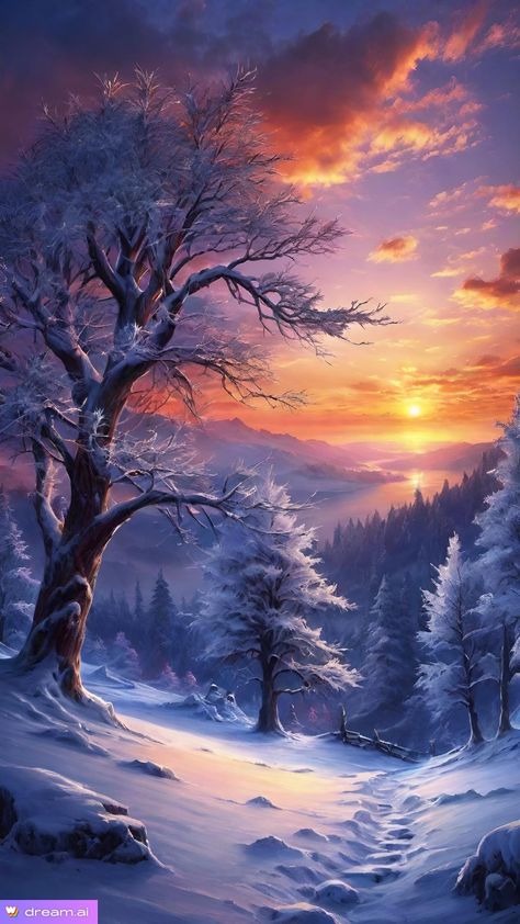 Vintage Winter Scenes Paintings, Snow Scenes Winter Landscape, Sunrise Winter, Winter Scene Paintings, Beautiful Winter Pictures, Beautiful Landscape Paintings, Beautiful Winter Scenes, Winter Landscapes, Beautiful Scenery Photography