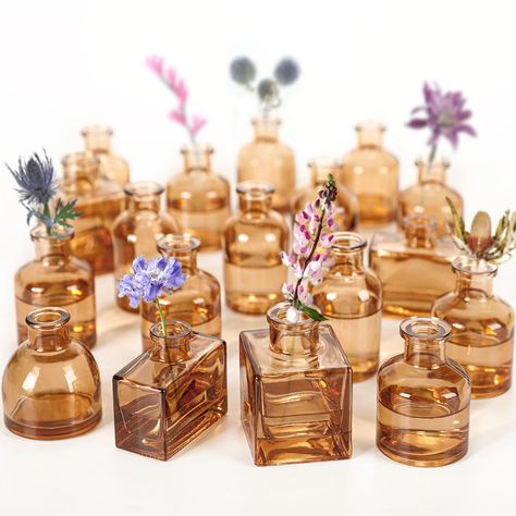 PRICES MAY VARY. Elegant Vintage Charm: Elevate your home or office ambiance with the warmth of our small mini flower vases. These adorable vases, inspired by apothecary bottles of the past, are perfect for weddings, dinner parties, and special events as eye-catching table centerpieces. Crafted with Quality: The small floral bud Vase collection offers a range of shapes and sizes to suit your style: 2 x Rectangle (2.44"x 1.37" x 2.44"), 2 x Round (2.16"x 2.16" x 2.48"), 10 x Short Bottle (1.96"x Votive Centerpieces Wedding, Centerpieces For Weddings, Glass Vases Centerpieces, Glass Bud Vases, Small Glass Vases, Wedding Floral Centerpieces, Amber Bottles, Apothecary Bottles, Rustic Centerpieces