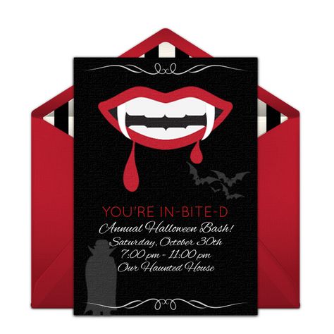 Gotta love this popular digital invitation featuring a spooky vampire design. Personalize and send online for free to friends and family. It's perfect for an Halloween party! Halloween Invitation Ideas, Free Halloween Invitations, Horror Wedding, Online Invitation, Vampire Halloween, Halloween Invitation, Halloween Bash, Halloween Party Games, Invitation Ideas