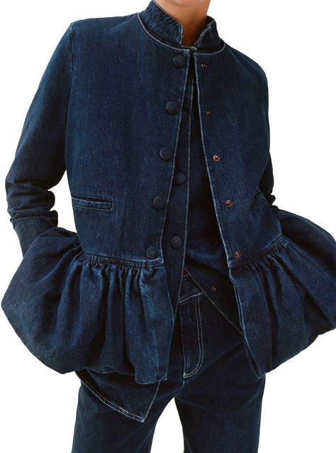 Peplum Jacket in Denim Statement jacket made from dark blue denim, featuring a gathered peplum and welt pockets. Pair it with our denim Annie trousers to create the perfect spring set. 100% cotton 5 buttons closure 2 welt pockets Style ID JKT3DB Made in Portugal Size and Fit: XS-S-M-L-XL Designed for a tailored slim fit True to size Model measures 1m70/5"57 and is wearing a size XS Cropped sleeve length Internal shoulder pads Mid-weight, non-stretchy fabric More questions? Visit our internationa Sew Jacket, Denim 2024, Denim Set, Statement Jacket, Denim Wear, Spring Set, Peplum Jacket, Cotton Trousers, Dark Blue Denim