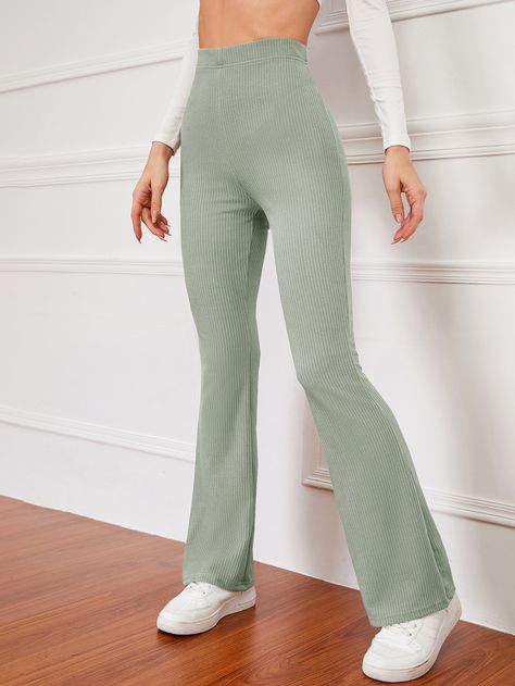 Mint Green Casual   Polyester Plain Flare Leg Embellished Medium Stretch Spring/Fall Women Bottoms Mom Pants Outfit High Waist, Green Flare Pants Outfit, Flare Pants Outfits, Nanny Outfit, Wedding Dress Sewing Patterns, Mom Pants, Women Bottoms, Patterned Jeans, Womens Sewing Patterns