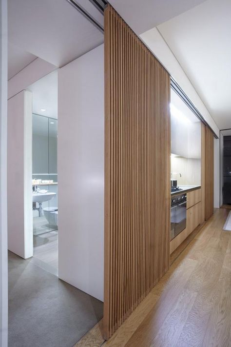 Modern | ombiaiinterijeri Wooden Sliding Doors, Storage Hallway, Timber Screens, Loft Stairs, Sliding Door Design, Hidden Kitchen, Small Hallway, Some Thoughts, Sliding Doors Interior