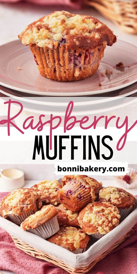 These fluffy raspberry muffins are packed with bursts of tart raspberry and topped with a sweet and crunchy crumb topping. They are a delicious dessert or an easy breakfast with fresh fruit. This super simple muffin recipe will be your new go-to for fluffy muffins and you can make them with any kind of berries you like. The streusel topping for muffins makes them really special with a crunchy muffin top. Your new favourite raspberry muffin recipe for all times of year. Muffin Batter Recipe, Fresh Raspberry Desserts, Fresh Raspberry Recipes, Spring Baking Recipes, Streusel Topping For Muffins, Crumb Topping Recipe, Tart Raspberry, Raspberry Muffin Recipes, Fluffy Muffins