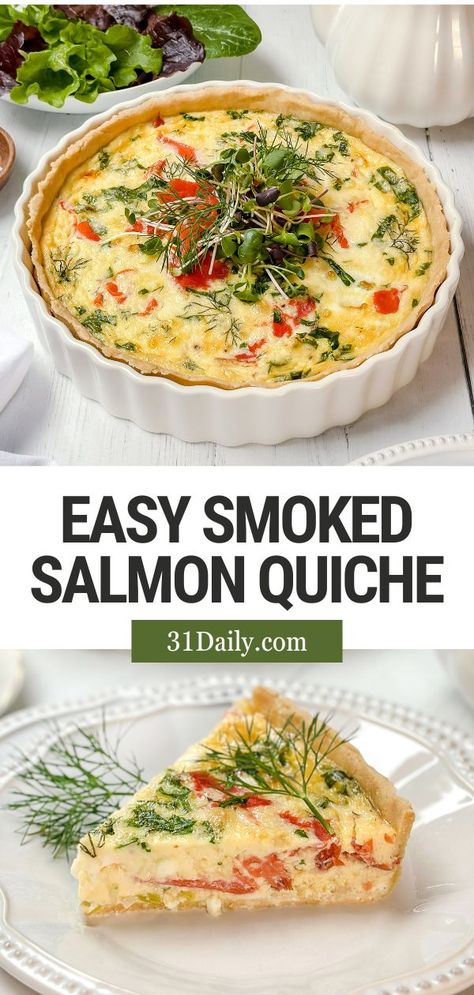 When brunch season arrives, Smoked Salmon Quiche is a delightful dish that's simple to make, utterly creamy and delicious, and a wonderful addition to any brunch menu! Smoked Salmon Pie, Salmon Quiche Recipes, Savoury Party Food, Smoked Salmon Quiche, Smoked Salmon Frittata, Smoked Salmon Recipe, Smoked Salmon Breakfast, Salmon Quiche, 31 Daily