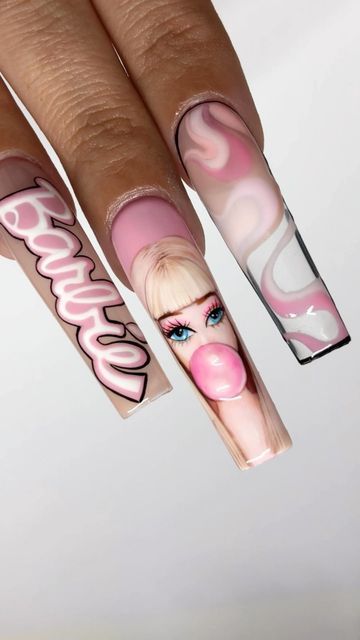 Barbie Themed Nails, Barbie Nails Acrylic, Barbie Nail Art, Fitness Barbie, Barbie Aesthetics, Barbie Nail, Dot Nail Art Designs, Barbie Pink Nails, Barbie Nails