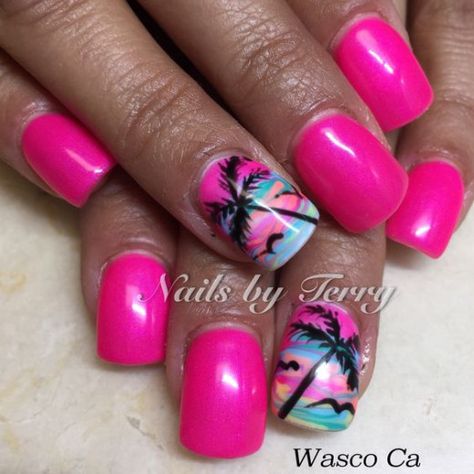 Cruise Nails, Beach Nail Art, Palm Tree Nails, Beach Nail Designs, Tropical Nails, Tree Nails, Vibrant Nails, Vacation Nails, Blue Nail