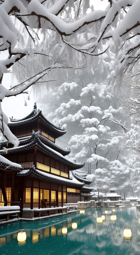 Futuristic Asian City, Japanese Winter Aesthetic, Japan Winter Aesthetic, Snowy Japan, Japanese Snow, Japanese Onsen, Winter In Japan, Japanese Christmas, Japan Winter