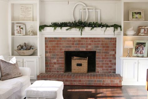 Red Brick Fireplace, Red Brick Fireplaces, Fireplace Bookshelves, Fireplace Shelves, Brick Fireplace Makeover, Fireplace Built Ins, Backyard Fireplace, Faux Fireplace, Fireplace Remodel