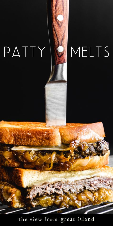 patty melt sandwich with knife stuck in the top Patty Melt Recipe, Smashed Burgers, Sandwich Burger, Burger Sandwich, Smash Burger Recipe, Hot Sandwiches, French Sauces, Sourdough Sandwich, Melt Recipe