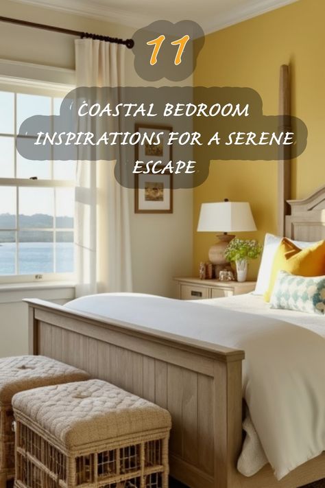 I love how this coastal bedroom embodies tranquility with its soft color palette and natural textures. The warm yellows and whites, combined with the cozy woven stools, create a perfect escape. Imagine waking up to this serene view, feeling refreshed and inspired. This space is a beautiful reminder of the calming effect of coastal living! Coastal Bedroom Design, Sunny Bedroom, Japandi Dining Room, Serene View, Organic Modern Kitchen, Modern Farmhouse Living, Harbor Lights, Coastal Bedrooms, Modern Farmhouse Living Room