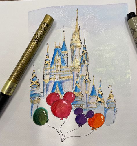 It’s not perfect but it’ll do. I needed to make a quick “Get well soon” card and the recipient loves Disney. It’s been a long time since I’ve painted with watercolor and I should have used a ruler but for 1-2 hrs spent, it’s not terrible. #watercolorpainting #greetingcards #disney Disney Castle Drawing, Castle Sketch, Castle Drawing, Castle Painting, Disney Canvas, Disney Paintings, Art Drawings Sketches Creative, Art Drawings For Kids, Art Inspiration Painting