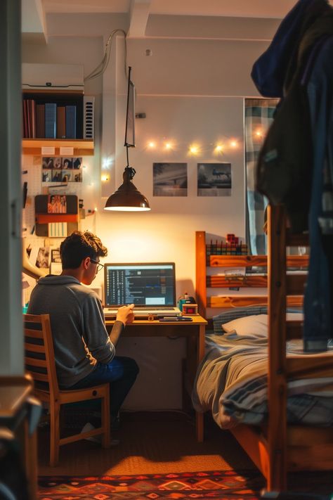 31 Cool College Dorm Room Decorating Ideas For Guys Men’s College Dorm Decor, Male Dorm Room Ideas Colleges, Male Dorm Room Ideas, Boy College Dorms, College Dorm Room Ideas For Guys, Dorm Room Ideas For Guys, Dorm Vibes, Guy Dorm Rooms, Guy Dorm