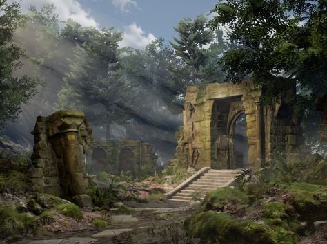 I created this forest scene for an assignment at the DAE. I used megascans assets as well as some trees from speedtree for it. The ground material is made by me in Substance Designer. Forest Ruins, Forest Games, Substance Designer, Game Environment, Fantasy Forest, For Honor, Lost City, Art Google, Fantasy Landscape