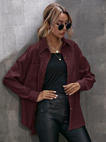 Outfit Formal Casual, Maroon Shirt Outfit, Beige Chelsea Boots, Drop Shoulder Blouse, Long Sleeve Shirt Outfits, Shein Fits, Maroon Shirts, Loose Fit Blouse, Clothes Fall