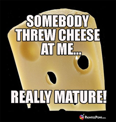 Cheesy Joke: Somebody Threw Cheese at Me... Really Mature! Cheese Jokes, Cheesy Memes, I Like Cheese, Cheese Puns, Cheese Dreams, Cheesy Puns, Diy Stencils, Pick Up Lines Cheesy, Cheesy Jokes