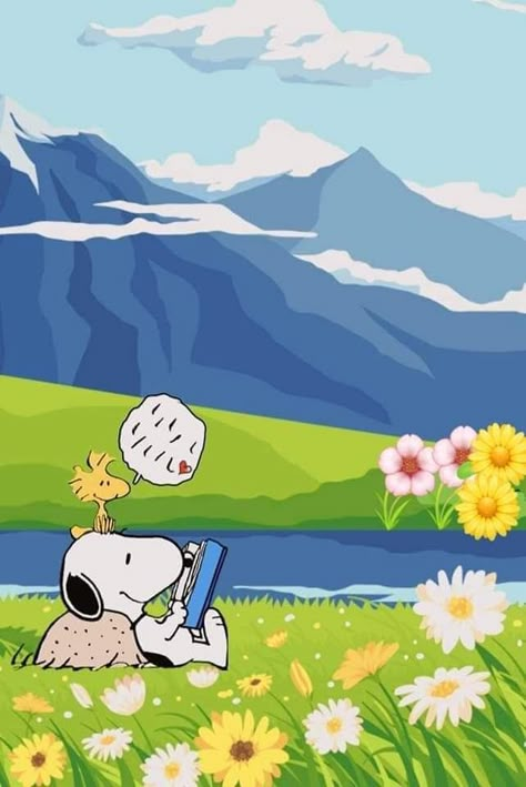 Snoopy Spring Wallpaper Laptop, Snoopy Reading, Snoopy The Dog, Charlie Brown Wallpaper, Peanuts Wallpaper, Good Morning Snoopy, Woodstock Snoopy, Snoopy Birthday, Woodstock Peanuts