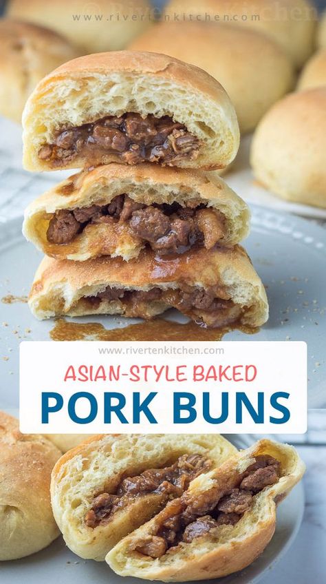 Korean Style Sweet Bread, Asian Desserts Japanese Style, Asian Buns Recipe, Meat Filled Buns, Baked Siopao Recipe, Filipino Meryenda, Filipino Pandesal, Asado Siopao, Bierocks Recipe Easy