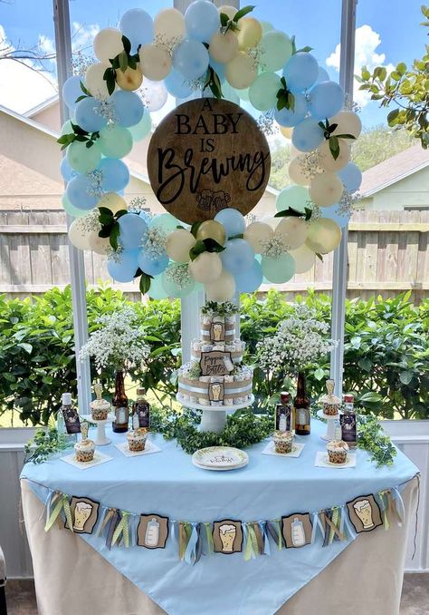 Baby is Brewing  | CatchMyParty.com Bottles And Brews Party, Winery Baby Shower Ideas, Beer Themed Baby Shower Ideas, Bottles And Brews, Beer Baby Shower Ideas, Brewery Baby Shower Ideas, Diaper Party Decorations, Baby Brewing Shower Ideas, A Baby Is Brewing Cake