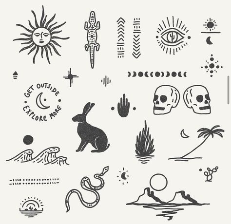 inspo Vewn Art Tattoo, Funky Tattoo Designs, Funky Small Tattoos, Simple Western Drawings, Flash Tattoo Men, Western Flash Tattoo, Desert Tattoo, Earthy Tattoos, Tattoos Cute