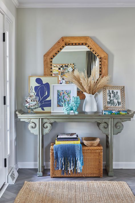 Colorful Entryway Ideas, Colonial Foyer, Eclectic Entry, Colorful Entryway, Before And After Home Renovation, Front Entry Tables, Eclectic Entryway, Eclectic Mirrors, Boho Entryway