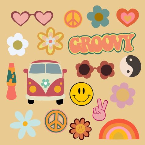 60s Clipart, 60s Drawings, 70s Clipart, Groovy Clipart, Vibe Party, Five Is A Vibe, Two Groovy, Work Decor, Hippie 70s