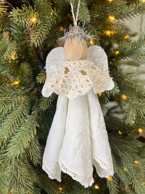 Home Made Angel Ornaments, Cloth Angel Ornaments, Hankerchief Dolls Diy, Paper Doily Crafts Christmas Angel Ornaments, Angel Christmas Tree Ornaments, Hankerchief Angels Diy, Wooden Christmas Angels Diy, Lace Angel Ornaments Diy, How To Make Angel Ornaments